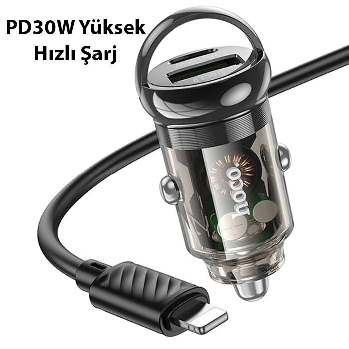 HOCO Z53A Vision PD30W Type-C + USB QC3.0 Girişli Araç Çakmaklık Hızlı Şarj Aleti + Type-C to iPhone-(5775) 3 HOCO Z53A Vision PD30W Type-C + USB QC3.0 Girişli Araç Çakmaklık Hızlı Şarj Aleti + Type-C to iPhone-(5775) - Görsel 3