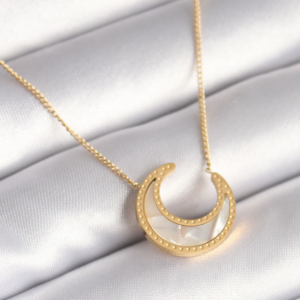 316L Çelik Gold Renk Beyaz Sedefli Hilal Model Kadın Kolye 5886