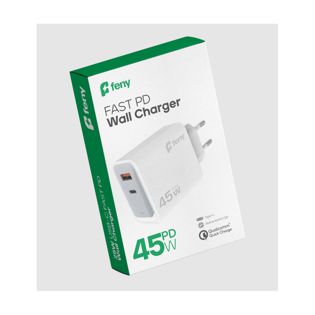 FENY FN-C45, 45W, USB+Type-C, Akıllı Isı Kontrol Chip, Qualcomm Quick Charge 3.0, ŞARJ Adaptörü(1923) 1 FENY FN-C45, 45W, USB+Type-C, Akıllı Isı Kontrol Chip, Qualcomm Quick Charge 3.0, ŞARJ Adaptörü(1923)