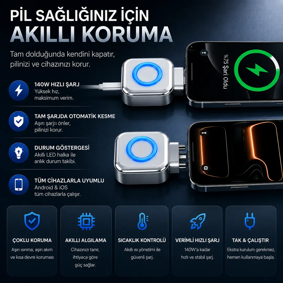 ALLY HyperCharge 140W AI Akıllı Şarj Kesici Adaptör – Şarj Dolunca Otomatik Kapanan Batarya Koruyucu-(5775) 3 ALLY HyperCharge 140W AI Akıllı Şarj Kesici Adaptör – Şarj Dolunca Otomatik Kapanan Batarya Koruyucu-(5775) - Görsel 3