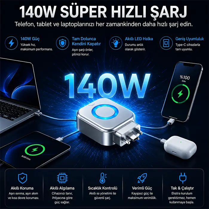 ALLY HyperCharge 140W AI Akıllı Şarj Kesici Adaptör – Şarj Dolunca Otomatik Kapanan Batarya Koruyucu-(5775) 4 ALLY HyperCharge 140W AI Akıllı Şarj Kesici Adaptör – Şarj Dolunca Otomatik Kapanan Batarya Koruyucu-(5775) - Görsel 4