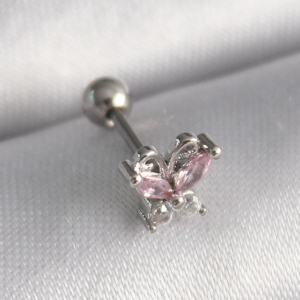 316L Çelik Gümüş Renk Pembe Zirkon Taşlı Kelebek Tragus Piercing 5886