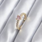 Gold Renk Zirkon Taşlı Pembe Kristal Kalp Model Kadın Yüzük 5886