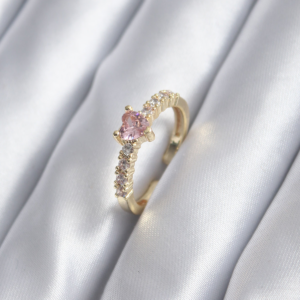 Gold Renk Zirkon Taşlı Pembe Kristal Kalp Model Kadın Yüzük 5886