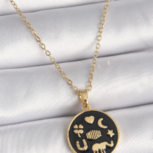 316L Çelik Gold Renk Siyah Şans Kolyesi 5886