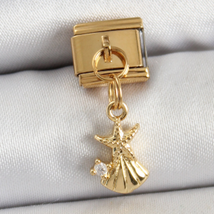 316L Çelik Sallantılı Zirkon Taşlı Deniz Yıldızı Ve İstiridye Model Gold Renk Nomination Charm 5886