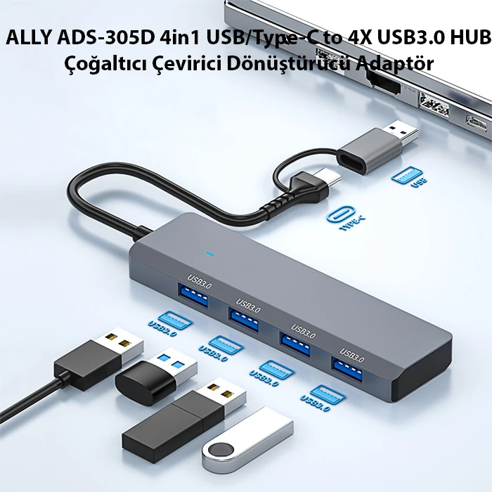 ALLY ADS-305D 4in1 USB/Type-C to 4X USB3.0 HUB Çoğaltıcı Çevirici Dönüştürücü Adaptör-(5775) 2 ALLY ADS-305D 4in1 USB/Type-C to 4X USB3.0 HUB Çoğaltıcı Çevirici Dönüştürücü Adaptör-(5775) - Görsel 2