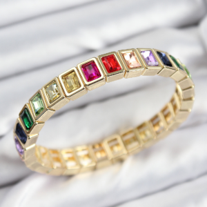 Pirinç Karışık Zirkon Taşlı Dikdörtgen Model Gold Renk Lastikli Kadın Bileklik 5886