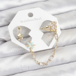 Yıldız Model Pirinç Gold Renk Zincir Bağlantılı Ear Cuff Küpe Seti 5886