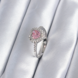 Pirinç Gümüş Renk Pembe Zirkon Taş Kalp Charm Model Kadın Yüzük 5886