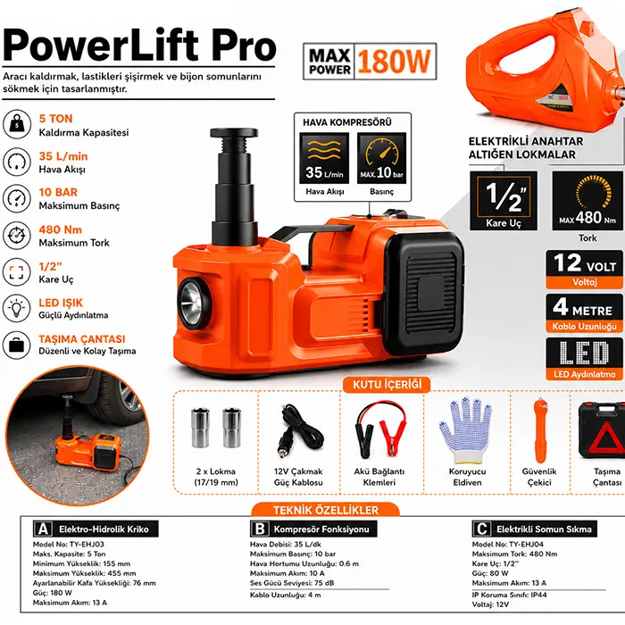 EZERE PowerLift Pro 5 Ton Çok Fonksiyonlu Elektrikli Hidrolik Kriko Lift Kaldırma / Kompresör / Bijon Sökme / LED Işık-(5775) 2 EZERE PowerLift Pro 5 Ton Çok Fonksiyonlu Elektrikli Hidrolik Kriko Lift Kaldırma / Kompresör / Bijon Sökme / LED Işık-(5775) - Görsel 2