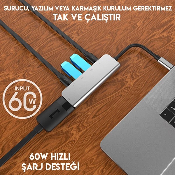Ally Usb (Type-C to 5in1 Hdtv 2xUSB+2x PD) Hub Adaptör Çoklayıcı 2 Ally Usb (Type-C to 5in1 Hdtv 2xUSB+2x PD) Hub Adaptör Çoklayıcı - Görsel 2