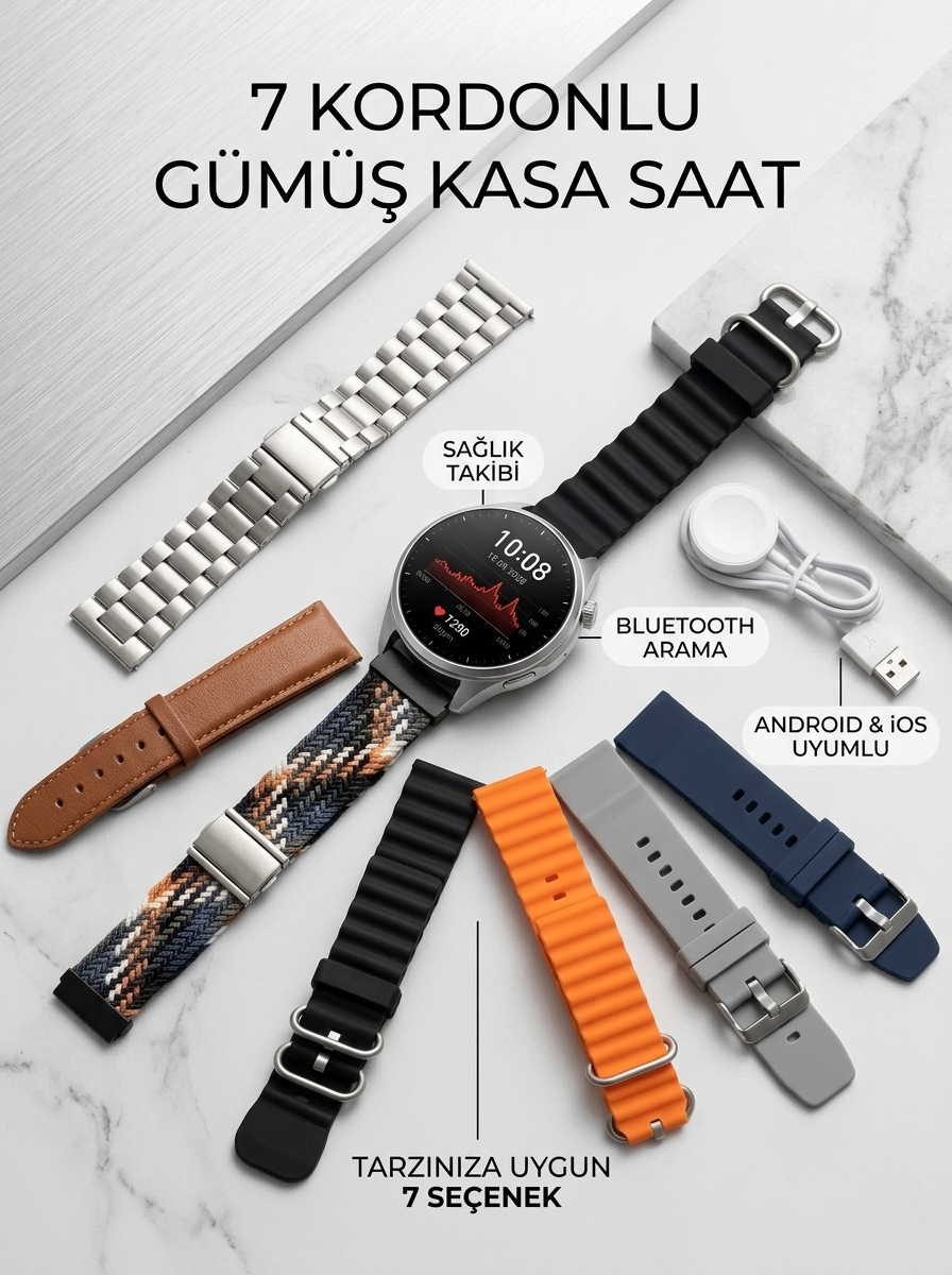 Gümüş Kasa Akıllı Saat - 6 Yedek Kordon Hediyeli 3 Gümüş Kasa Akıllı Saat - 6 Yedek Kordon Hediyeli - Görsel 3