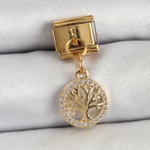 316L Çelik Sallantılı Zirkon Taşlı Hayat Ağacı Model Gold Renk Nomination Charm 5886