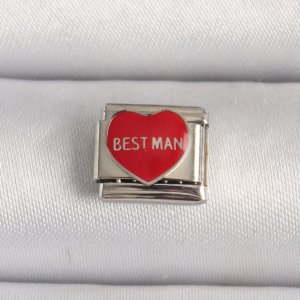 316L Çelik Gümüş Renk 'Best Man' Yazılı Kırmızı Kalp İşlemeli Nomination Charm 5886