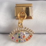 316L Çelik Gold Renk Sallantı Renkli Zirkon Taşlı Göz Model Nomination Charm 5886