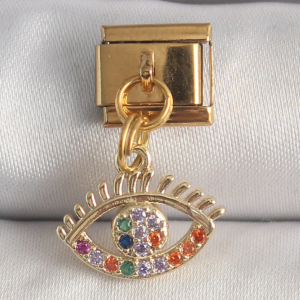 316L Çelik Gold Renk Sallantı Renkli Zirkon Taşlı Göz Model Nomination Charm 5886
