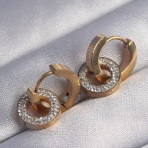 316L Çelik Gold Renk Zirkon Taşlı İç İçe Geçmeli Oval Küpe 5886