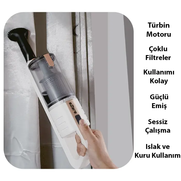Ezere 15000pa LED Işıklı Kuru Islak Kullanım Kablosuz Güçlü El Araç-Ev Süpürgesi-(5775) 3 Ezere 15000pa LED Işıklı Kuru Islak Kullanım Kablosuz Güçlü El Araç-Ev Süpürgesi-(5775) - Görsel 3