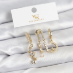 Pirinç Gold Renk Zirkon Taşlı Uzay Model YSX Trio Küpe Seti 5886