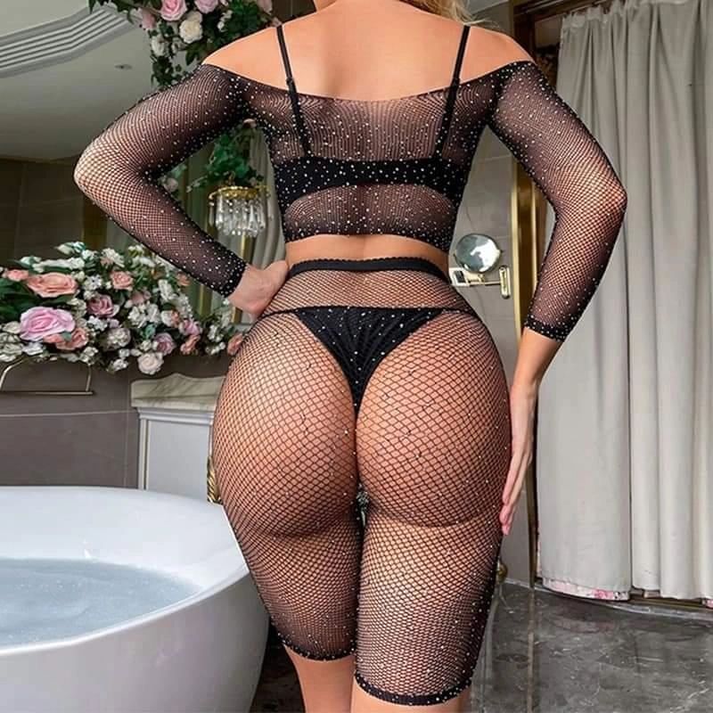 Kadın Seksi 2 Parça Taşlı Omuzları Açık Crop- Şort Vücut Çorabı 3 Kadın Seksi 2 Parça Taşlı Omuzları Açık Crop- Şort Vücut Çorabı - Görsel 3