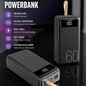 Powerbank 60.000 Mah Hızlı Şarj 4 Çıkışlı Uzun Şarj Süreli Dijital Göstergeli