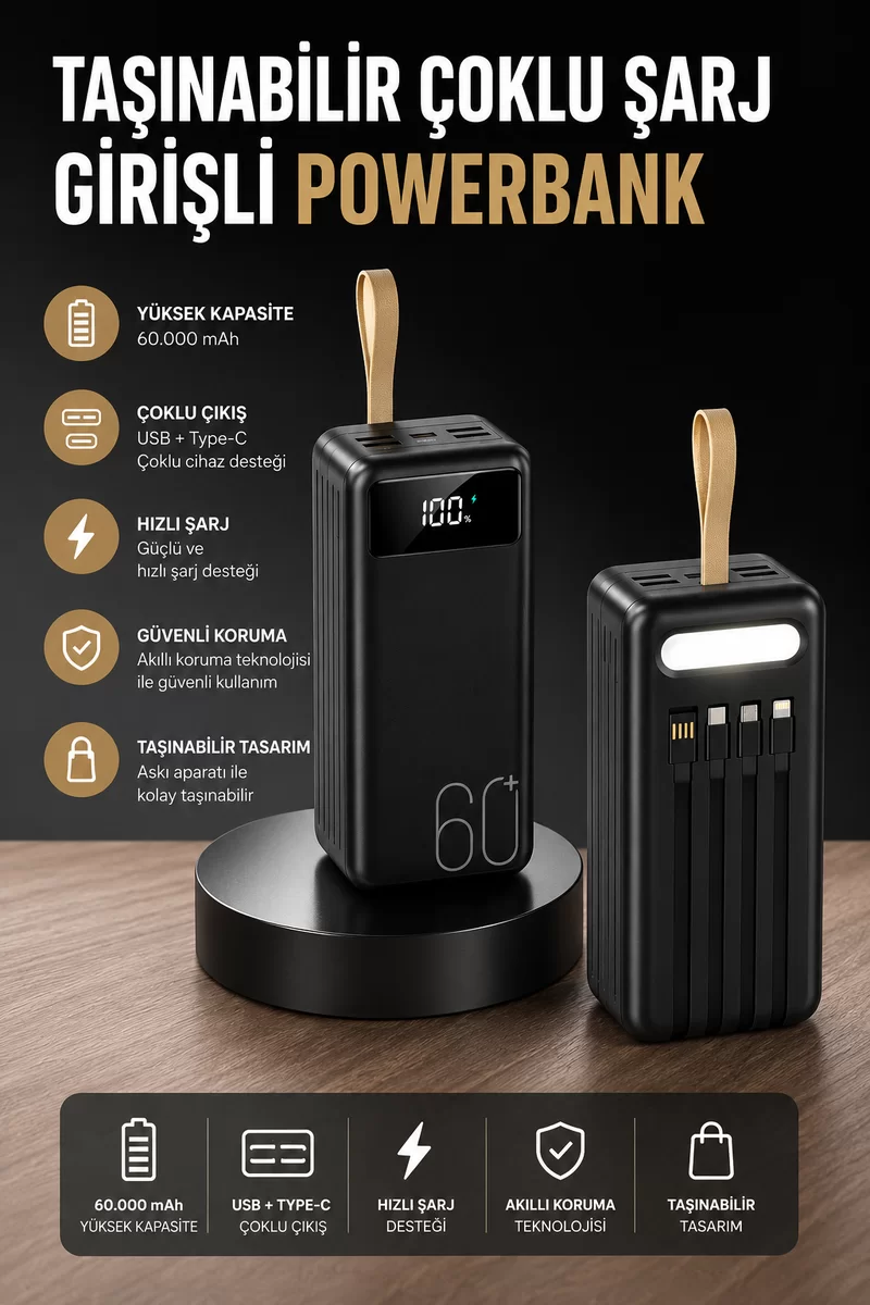 Powerbank 60.000 MAH 4 Portlu Uzun Şarj Süreli Dijital Göstergeli 1 Powerbank 60.000 MAH 4 Portlu Uzun Şarj Süreli Dijital Göstergeli