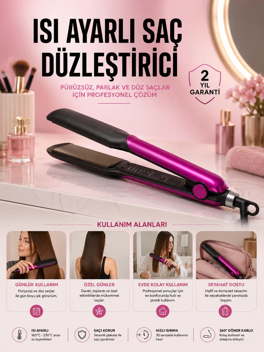 Saç Düzleştirici Isı Ayarlı Seramik Kaplama Döner Kablo Yıpranma Karşıtı 1 Saç Düzleştirici Isı Ayarlı Seramik Kaplama Döner Kablo Yıpranma Karşıtı