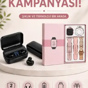 Wireless Şarjlı Pembe Akıllı Saat ve Kablosuz Bluetooth Kulaklık Dokunmatik Kontrol