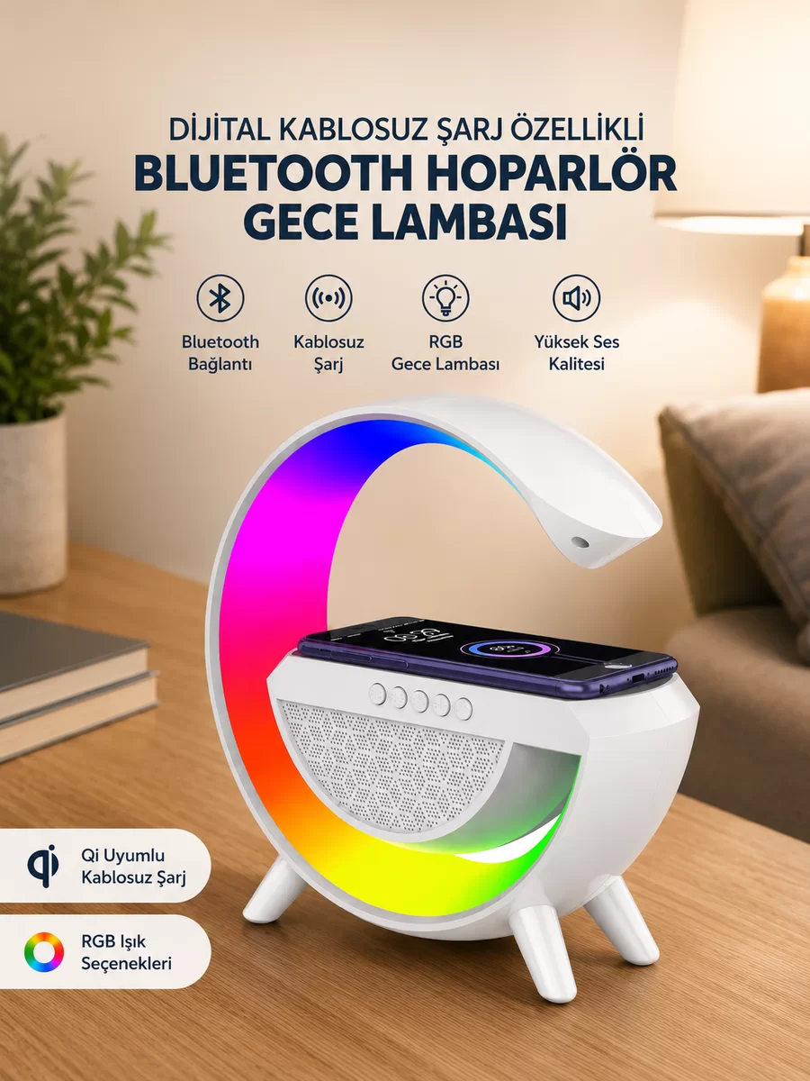 Google Dijital Kablosuz Şarj Özellikli Bluetooth Hoparlör Gece Lambası 1 Google Dijital Kablosuz Şarj Özellikli Bluetooth Hoparlör Gece Lambası