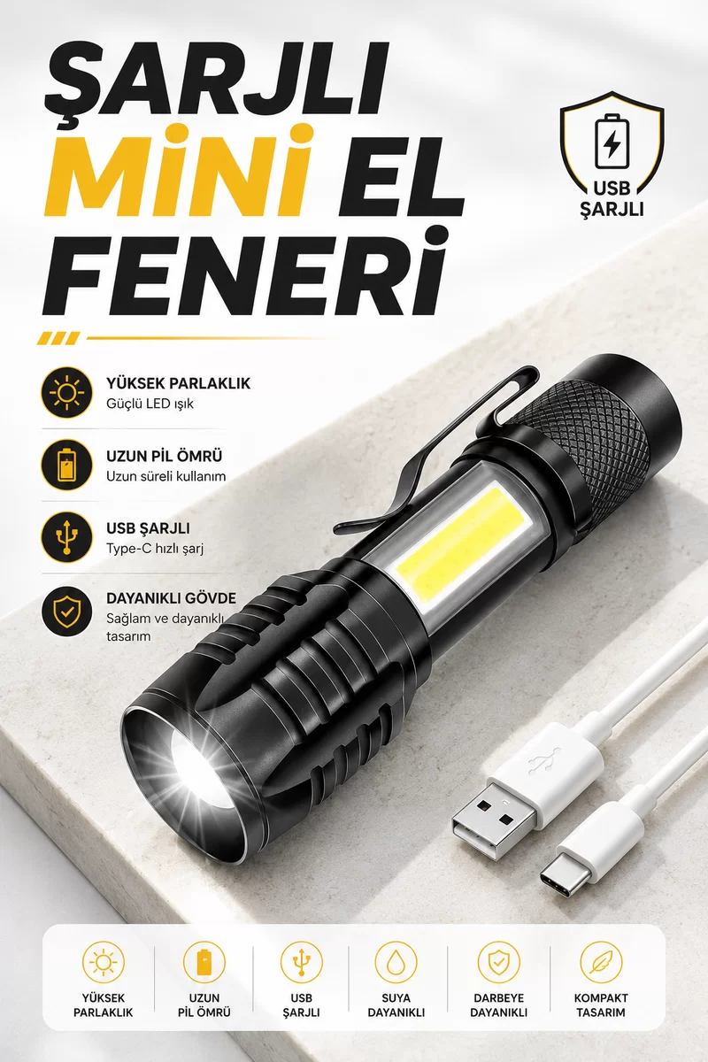 El Feneri Led USB Şarjlı Zoom Mini Led Işık Acil Durum Feneri 1 El Feneri Led USB Şarjlı Zoom Mini Led Işık Acil Durum Feneri