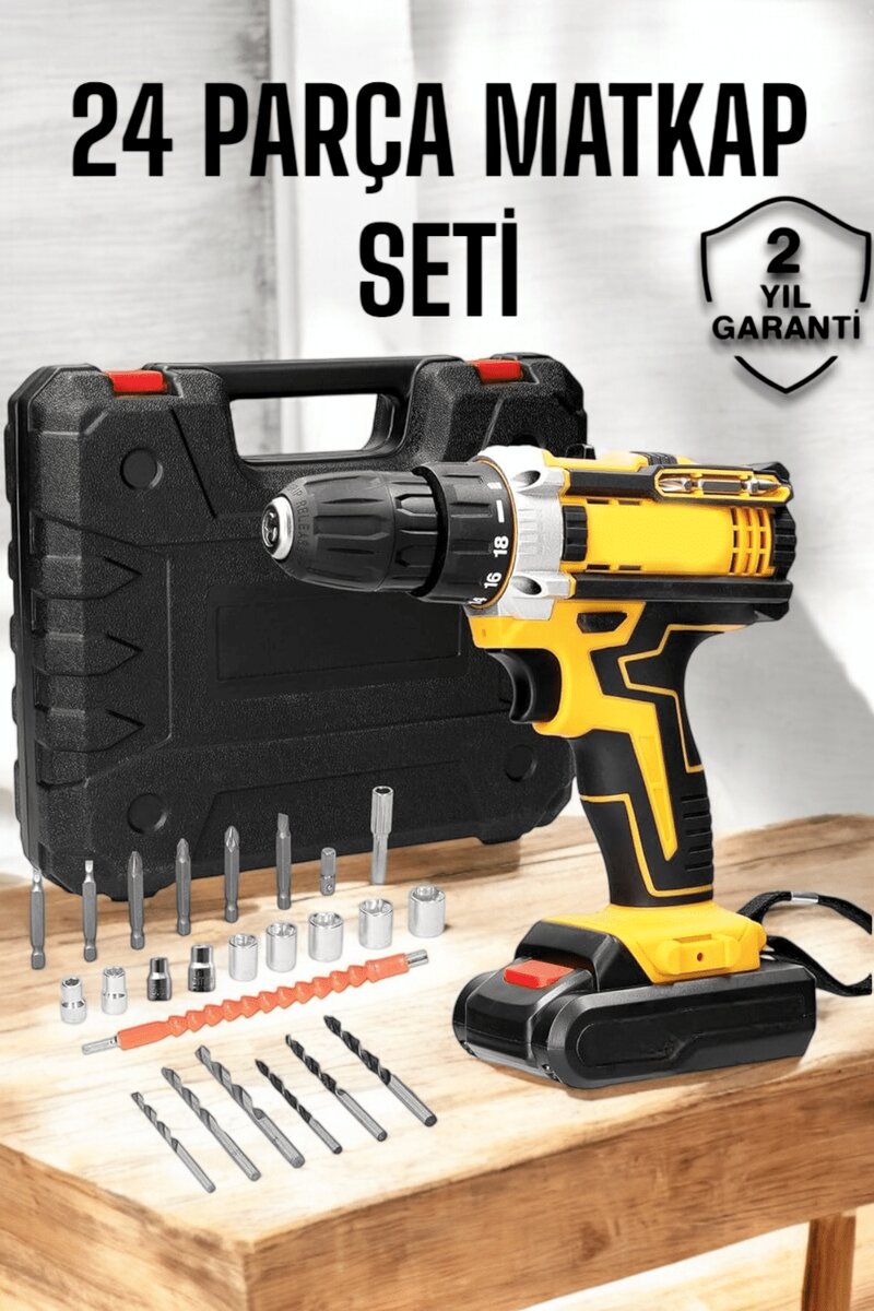 Çift Bataryalı Metal Dişli Darbeli Şarjlı Matkap Seti 24W Güç ve 24 Parça Aksesuar 1 Çift Bataryalı Metal Dişli Darbeli Şarjlı Matkap Seti 24W Güç ve 24 Parça Aksesuar