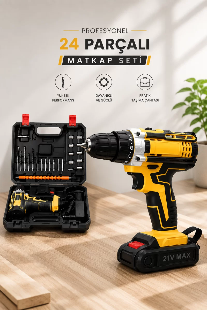 Metal Dişli 24W Akülü Matkap -Çift Bataryalı ve LED Çalışma Işığı ile Tam Set 1 Metal Dişli 24W Akülü Matkap -Çift Bataryalı ve LED Çalışma Işığı ile Tam Set