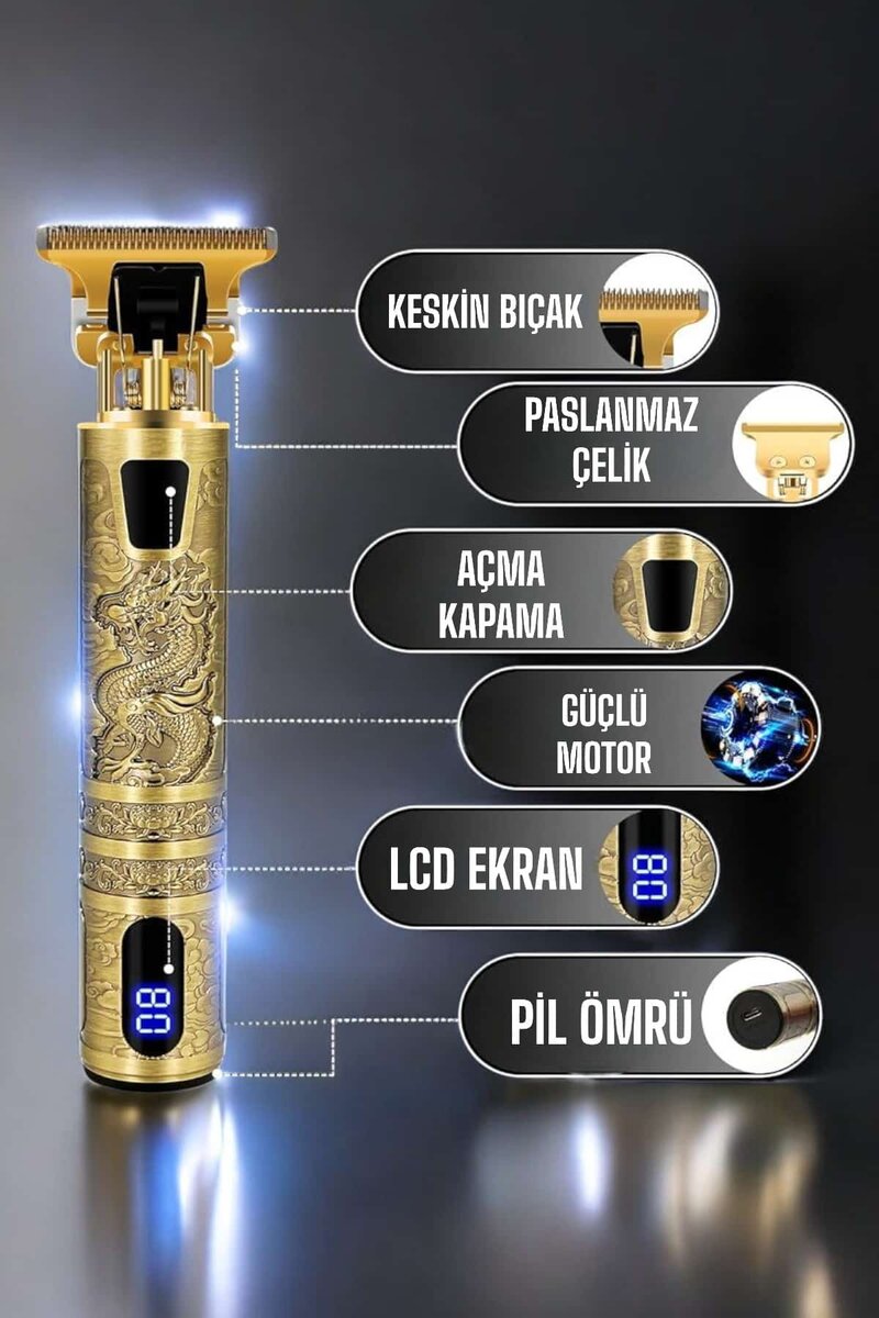 Tıraş Makinesi Şarjlı Profesyonel Saç Kesme Makinesi Gold Çizik Tıraş 2 Tıraş Makinesi Şarjlı Profesyonel Saç Kesme Makinesi Gold Çizik Tıraş - Görsel 2