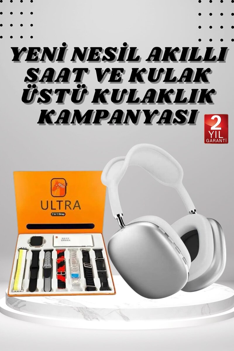 Kulak Üstü P9 Kablosuz Bluetooth Kulaklık ve 7 Kordonlu Akıllı Saat 1 Kulak Üstü P9 Kablosuz Bluetooth Kulaklık ve 7 Kordonlu Akıllı Saat