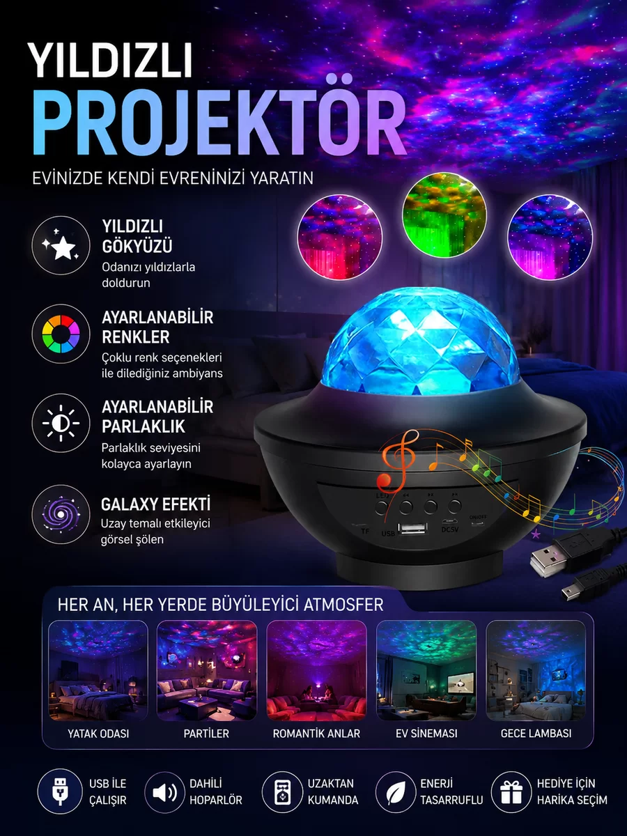 Galaxy Efektli LED Gece Lambası Projektörü Bluetooth Bağlantılı 1 Galaxy Efektli LED Gece Lambası Projektörü Bluetooth Bağlantılı