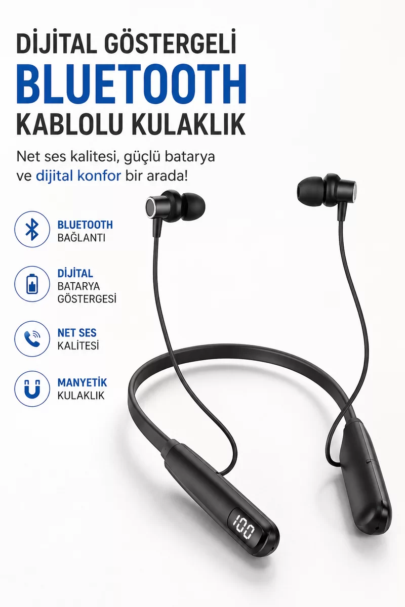 Dijital Batarya Göstergeli Bluetooth Özellikli Boyun Askılı Kulaklık 1 Dijital Batarya Göstergeli Bluetooth Özellikli Boyun Askılı Kulaklık