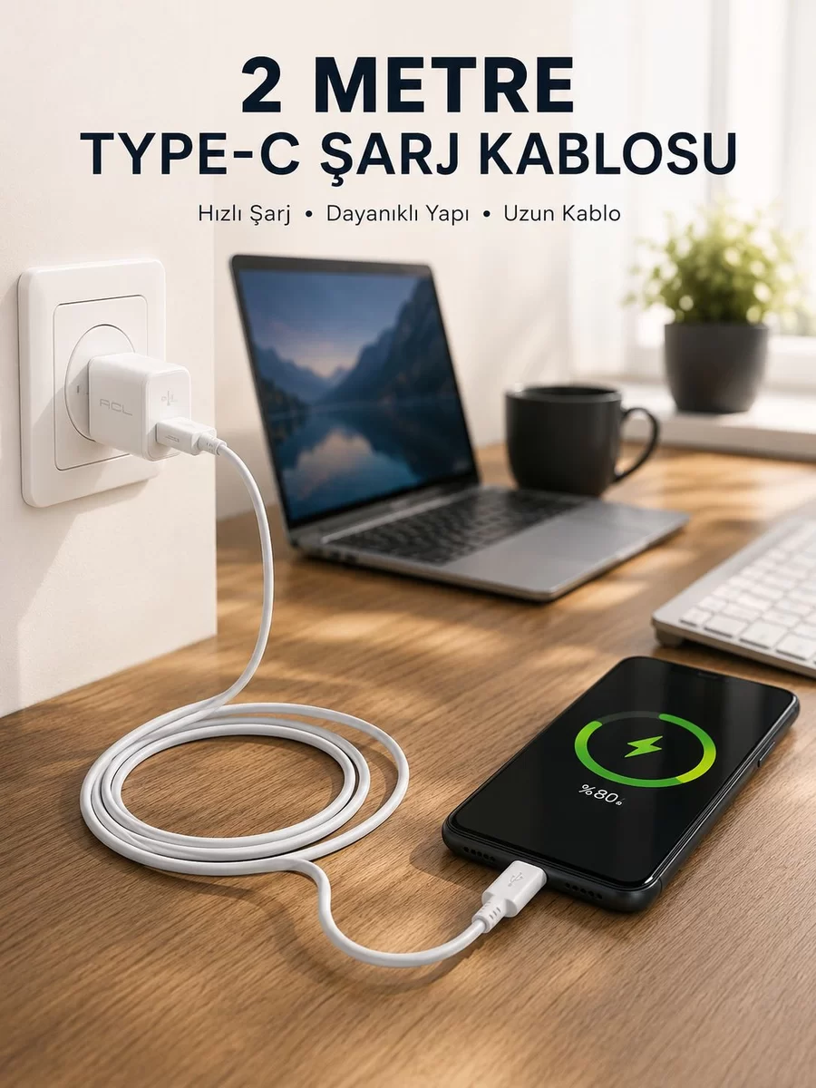 Hızlı Şarj Destekli 2 Metre Type-C Kablo 1 Hızlı Şarj Destekli 2 Metre Type-C Kablo