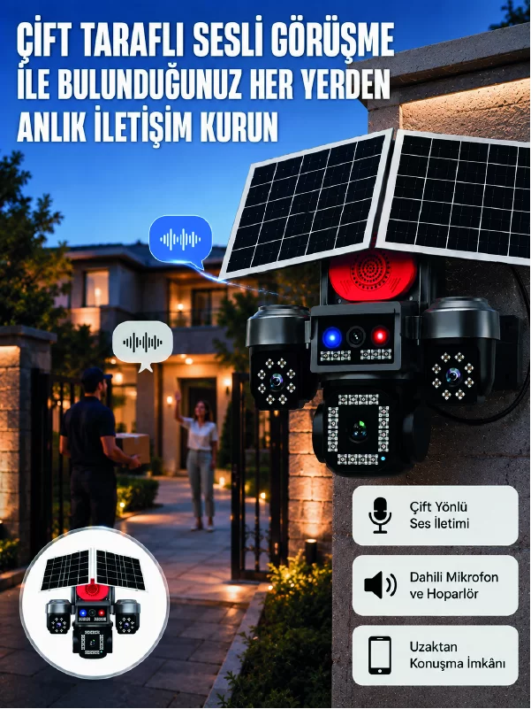 LED Projektörlü Sirenli Güneş Enerjili Akıllı Güvenlik Kamerası 1 LED Projektörlü Sirenli Güneş Enerjili Akıllı Güvenlik Kamerası