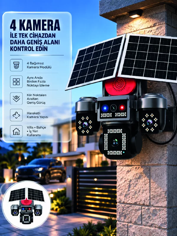 SIM Kart Destekli 4 Kameralı Akıllı Dış Mekan Güvenlik Kamerası 1 SIM Kart Destekli 4 Kameralı Akıllı Dış Mekan Güvenlik Kamerası