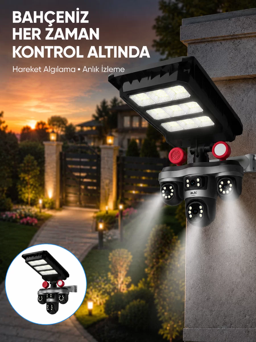 Güneş Enerjili 3 Lens Akıllı Güvenlik Kamerası LED Projektörlü Dış Mekan Koruma Sistemi 1 Güneş Enerjili 3 Lens Akıllı Güvenlik Kamerası LED Projektörlü Dış Mekan Koruma Sistemi