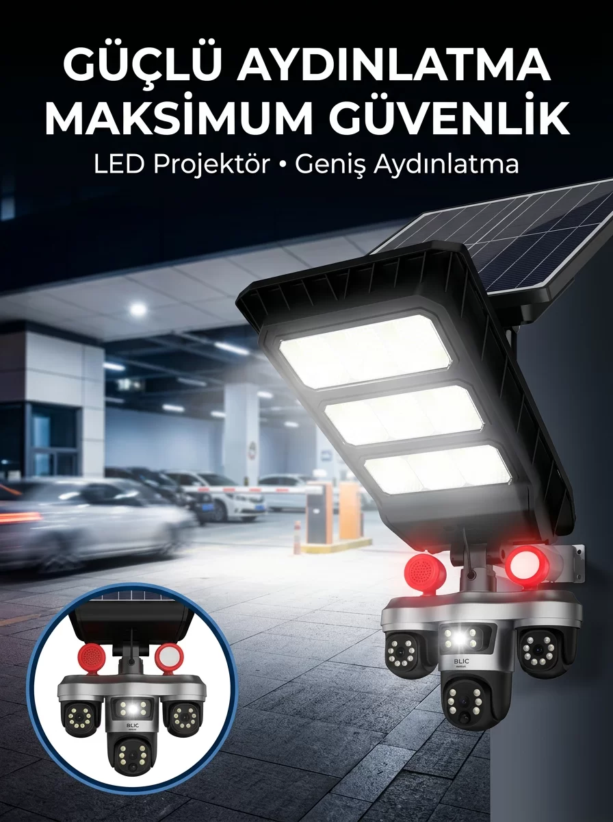 Güneş Enerjili Kablosuz Dış Mekan Güvenlik Kamerası Gece Görüşlü LED Projektörlü 1 Güneş Enerjili Kablosuz Dış Mekan Güvenlik Kamerası Gece Görüşlü LED Projektörlü
