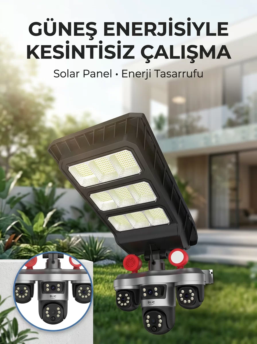 Solar Panelli Akıllı Güvenlik Kamerası LED Projektörlü 1 Solar Panelli Akıllı Güvenlik Kamerası LED Projektörlü
