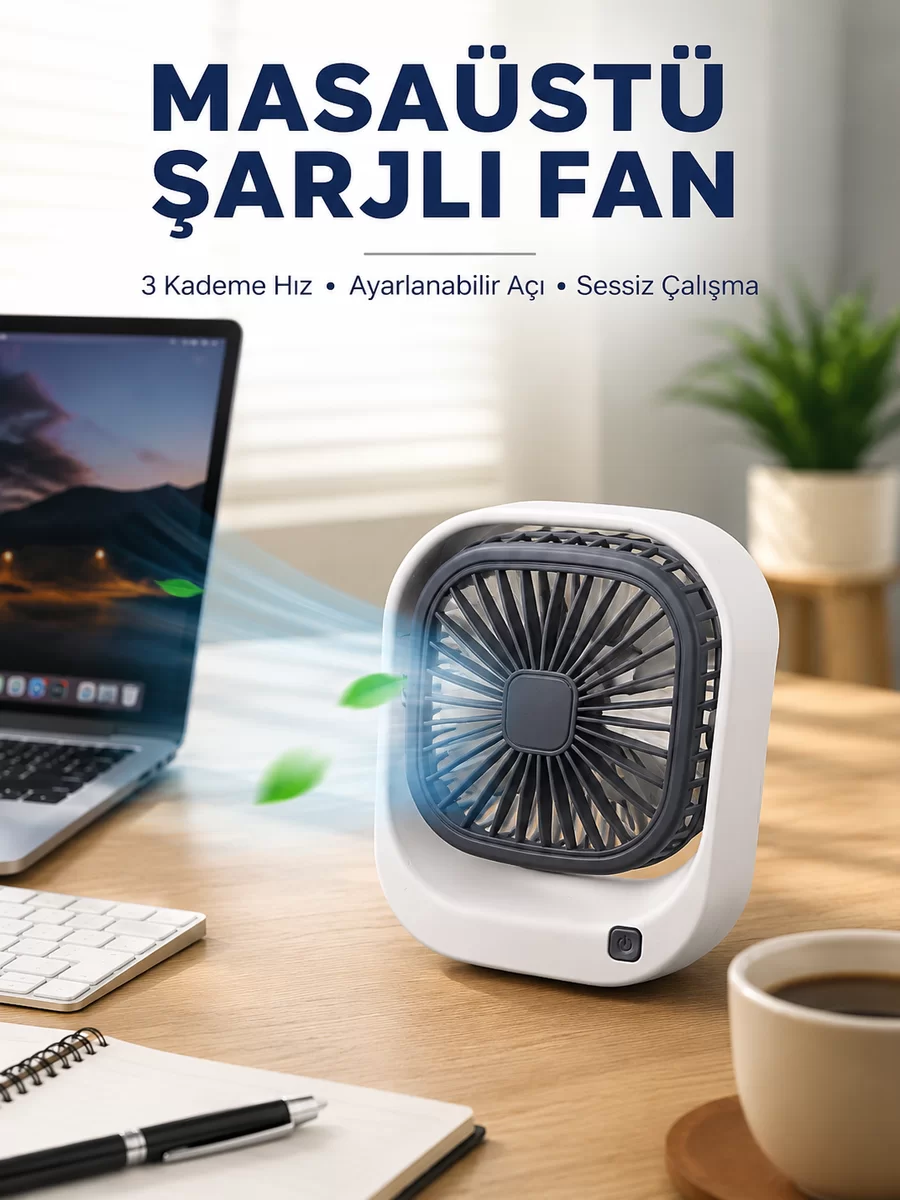 Taşınabilir Masaüstü Fan Ayarlanabilir Açılı Şarjlı Tasarım 1 Taşınabilir Masaüstü Fan Ayarlanabilir Açılı Şarjlı Tasarım