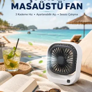 Şarjlı Masaüstü Fan 3 Kademeli Hız Ayarlı Güçlü Hava Akışı