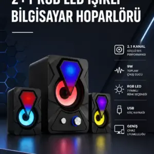 2+1 RGB LED Işıklı Güçlü Bas Sistemli Bilgisayar Hoparlörü