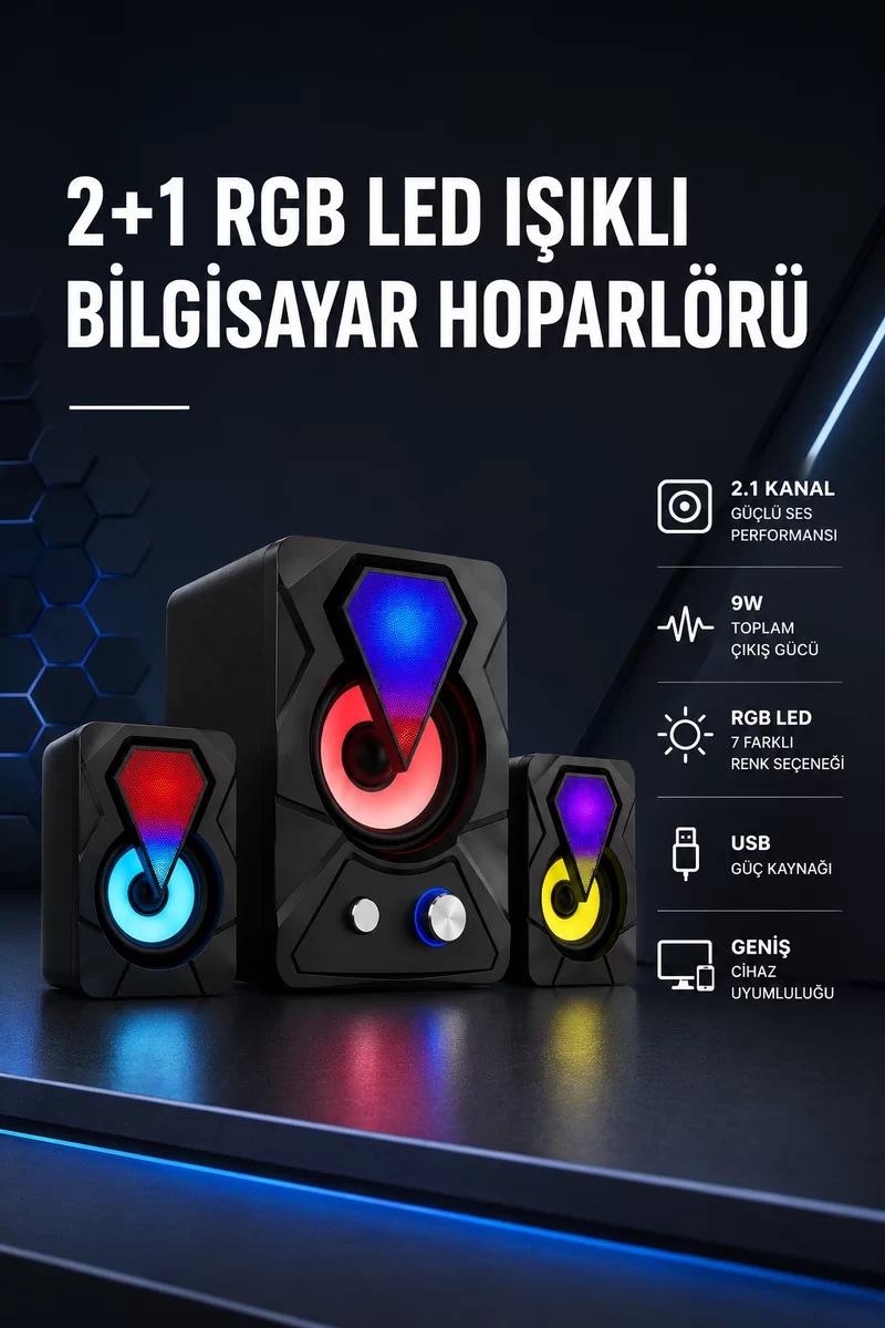 2+1 RGB LED Işıklı Güçlü Bas Sistemli Bilgisayar Hoparlörü 1 2+1 RGB LED Işıklı Güçlü Bas Sistemli Bilgisayar Hoparlörü