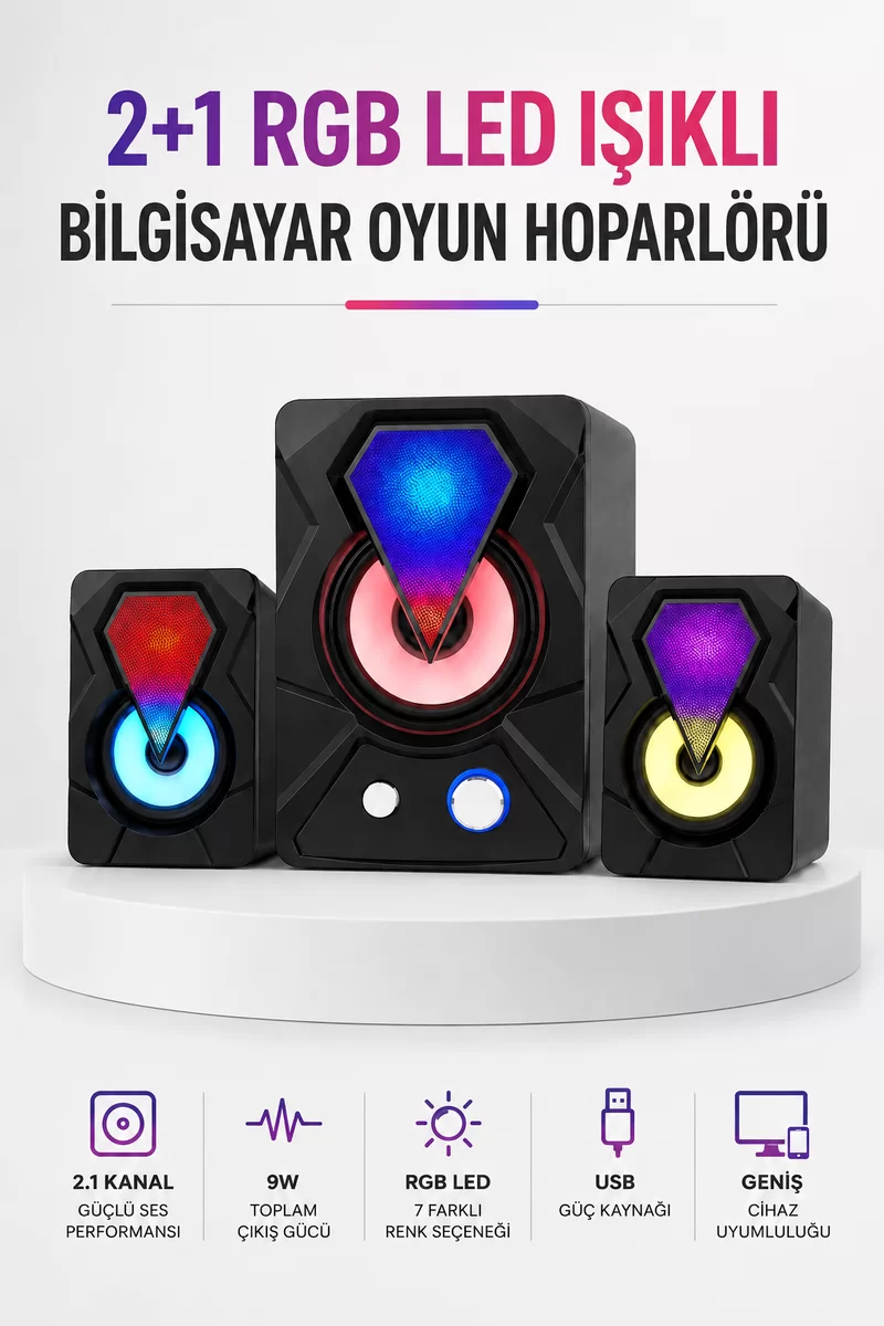 RGB LED Aydınlatmalı Bilgisayar Oyun Hoparlör Sistemi 1 RGB LED Aydınlatmalı Bilgisayar Oyun Hoparlör Sistemi