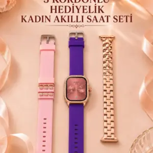 3 Kordonlu Rose Gold Kasalı Kadın Akıllı Saat Seti