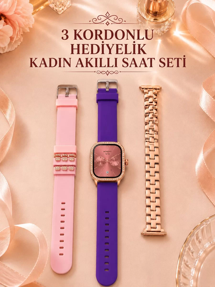 3 Kordonlu Rose Gold Kasalı Kadın Akıllı Saat Seti 1 3 Kordonlu Rose Gold Kasalı Kadın Akıllı Saat Seti